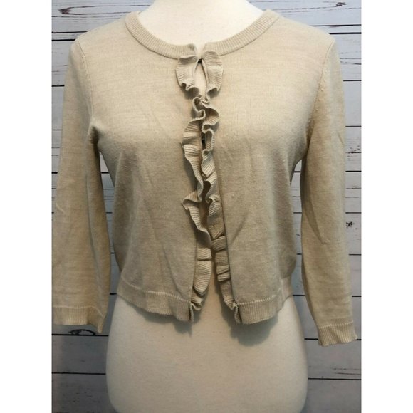 New‎ York and company Small crop 3/4 sleeve sweater Ruffle Front Beige Shrug - Picture 1 of 6